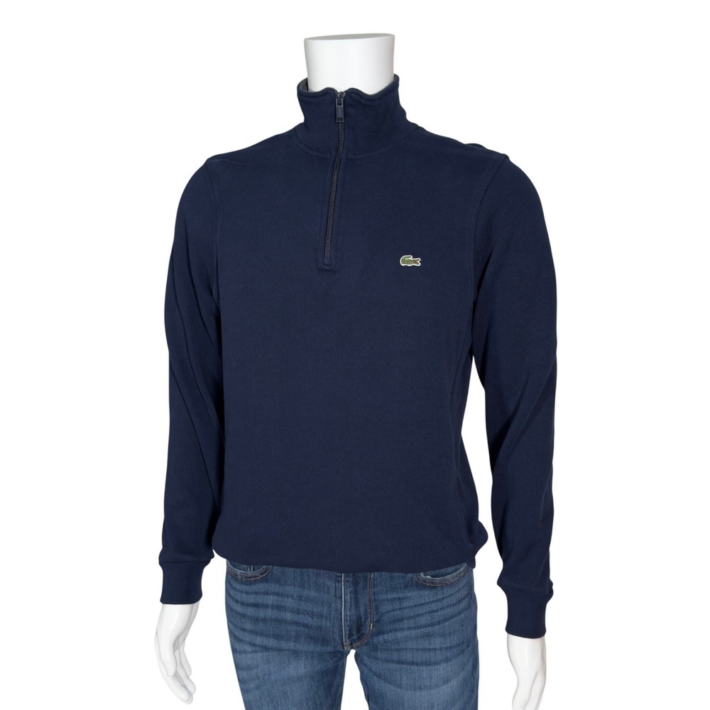 Lacoste Quarter Zip Pullover Mens Large Navy Blue Excellent Cotton Mock Neck